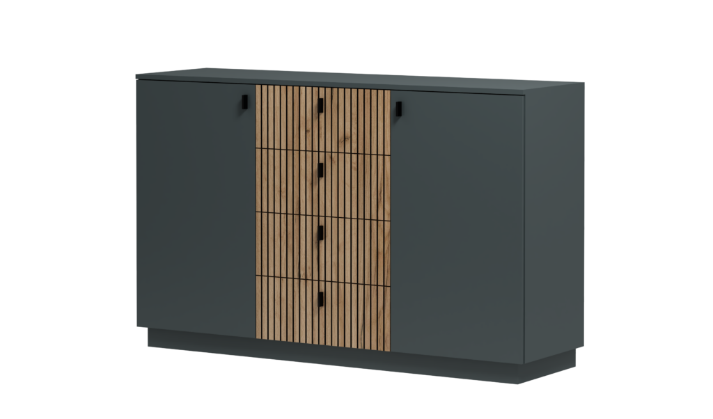 Komoda Forest – antracytowy korpus, ryflowane fronty Dąb Artisan, 2 szafki i 4 centralne szuflady.