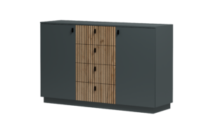 Komoda Forest – antracytowy korpus, ryflowane fronty Dąb Artisan, 2 szafki i 4 centralne szuflady.