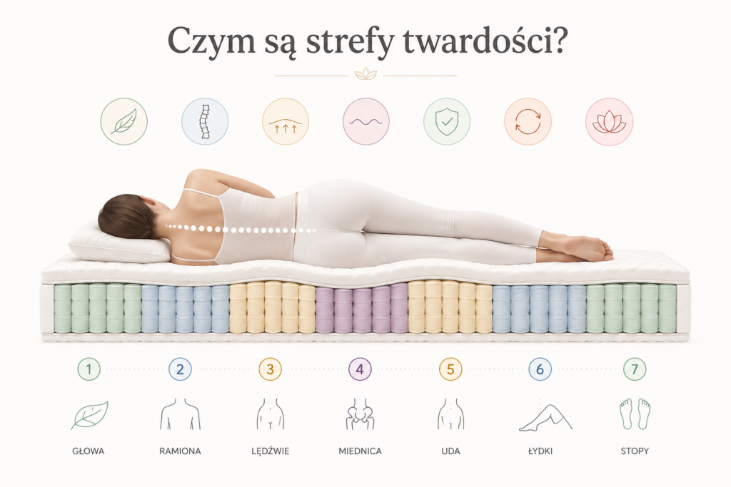 Infografika przedstawiająca 7 stref twardości materaca i ich wpływ na podparcie ciała – Materace Oświęcim