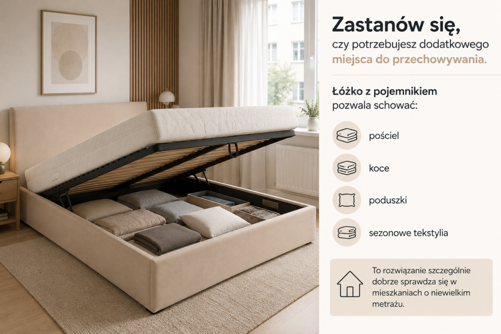 Łóżka z pojemnikiem Oświęcim – infografika przedstawiająca funkcjonalne łóżko z pojemnikiem na pościel oraz dodatkową przestrzeń do przechowywania tekstyliów.