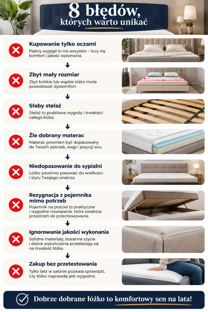 Infografika przedstawiająca 8 najczęstszych błędów przy wyborze łóżka – poradnik dla osób szukających idealnego łóżka do sypialni w Oświęcimiu.