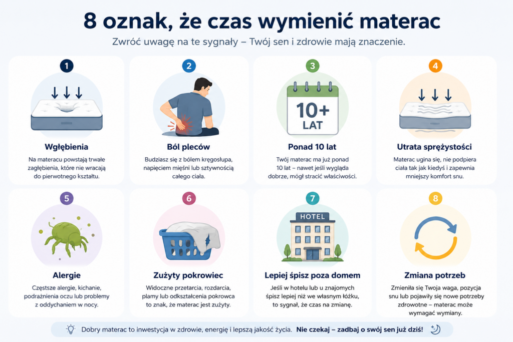 Jak często wymieniać materac? Infografika przedstawiająca 8 najważniejszych oznak zużycia materaca – Mebel Lux Oświęcim