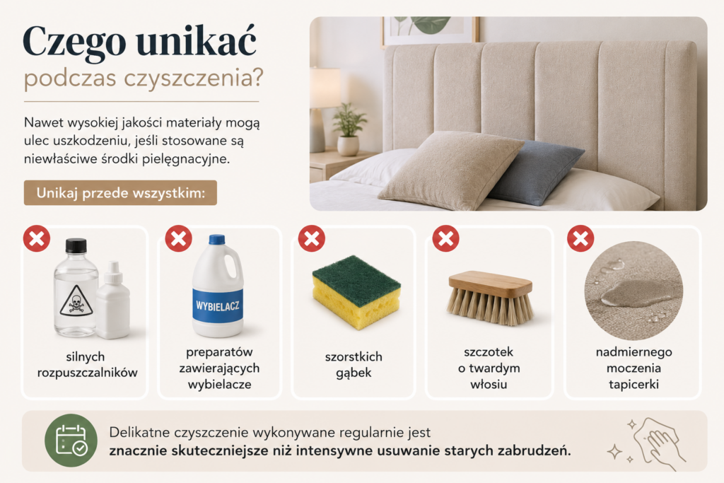 Łóżka tapicerowane Oświęcim – infografika pokazująca, czego unikać podczas czyszczenia tapicerki. Nie stosuj rozpuszczalników, wybielaczy, szorstkich gąbek, twardych szczotek ani nadmiernej ilości wody.