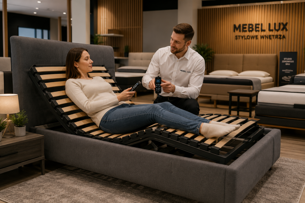 Klientka testuje stelaż regulowany z doradcą w salonie MEBEL LUX – stelaże do łóżek Oświęcim