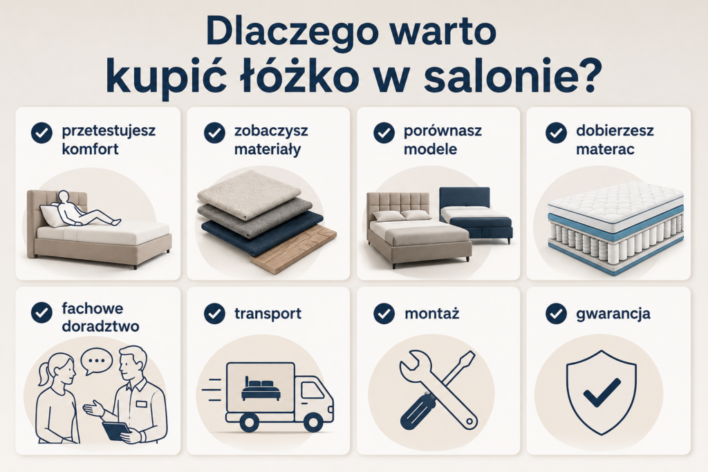 Łóżka Oświęcim – infografika przedstawiająca zalety zakupu łóżka w salonie Mebel Lux: testowanie komfortu, porównanie modeli i fachowe doradztwo