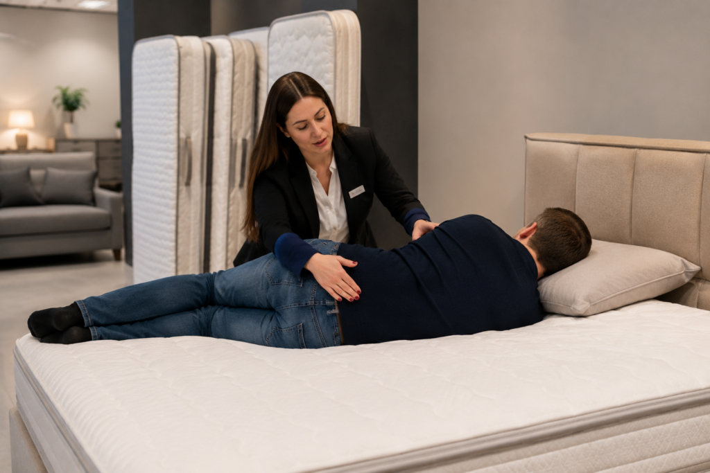 Doradca sprawdza ułożenie kręgosłupa klienta podczas testowania twardości materaca w Studiu Zdrowego Snu Mebel Lux Stylowe Wnętrza – Materace Oświęcim.