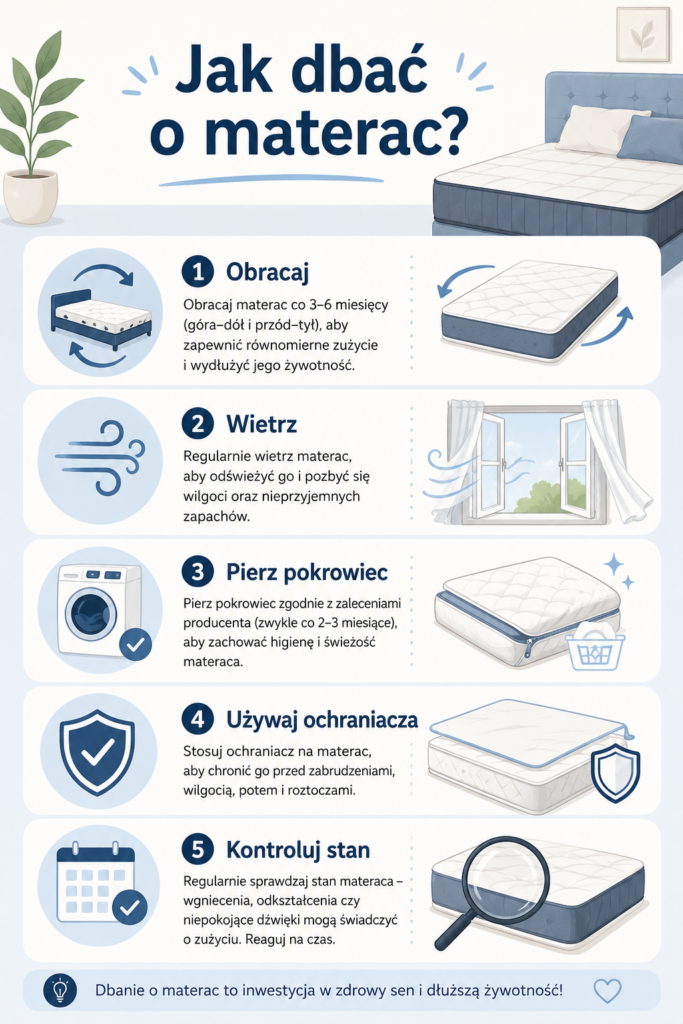 Infografika przedstawiająca zasady prawidłowej pielęgnacji materaca – obracanie, wietrzenie, pranie pokrowca i stosowanie ochraniacza | Materace Oświęcim