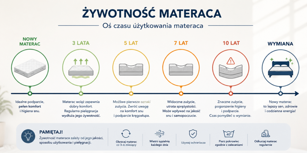 Jak często wymieniać materac? Infografika przedstawiająca żywotność materaca oraz oznaki zużycia na osi czasu | Mebel Lux Oświęcim