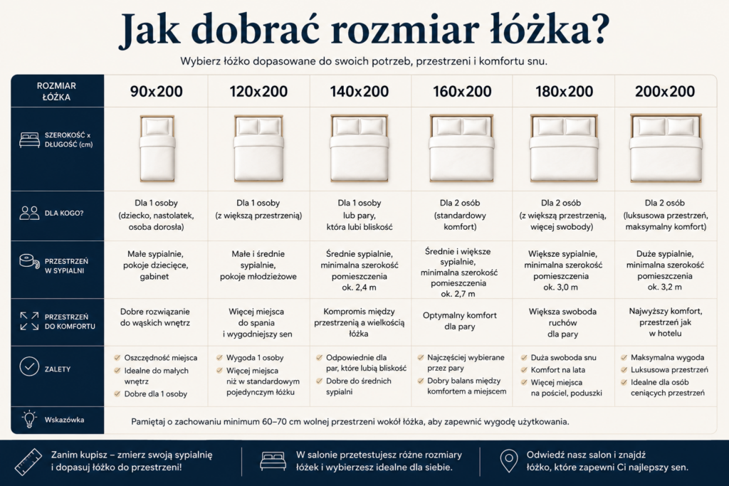 Łóżka Oświęcim – infografika pokazująca, jak dobrać odpowiedni rozmiar łóżka do sypialni: 90x200, 120x200, 140x200, 160x200, 180x200 i 200x200
