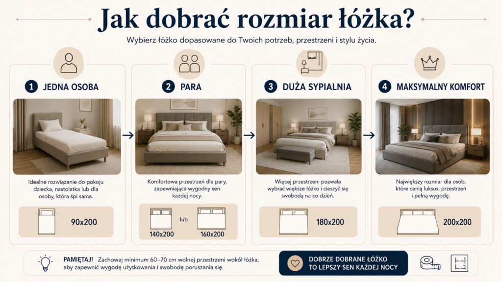 Łóżka Oświęcim – infografika przedstawiająca, jak dobrać odpowiedni rozmiar łóżka do liczby użytkowników, wielkości sypialni i oczekiwanego komfortu snu