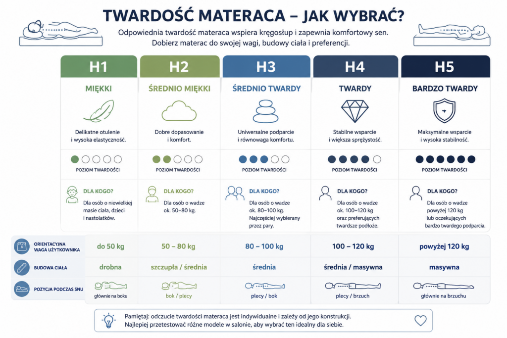 Infografika przedstawiająca poziomy twardości materacy H1–H5 oraz wskazówki, jak dobrać odpowiednią twardość materaca do wagi i pozycji snu – Materace Oświęcim.