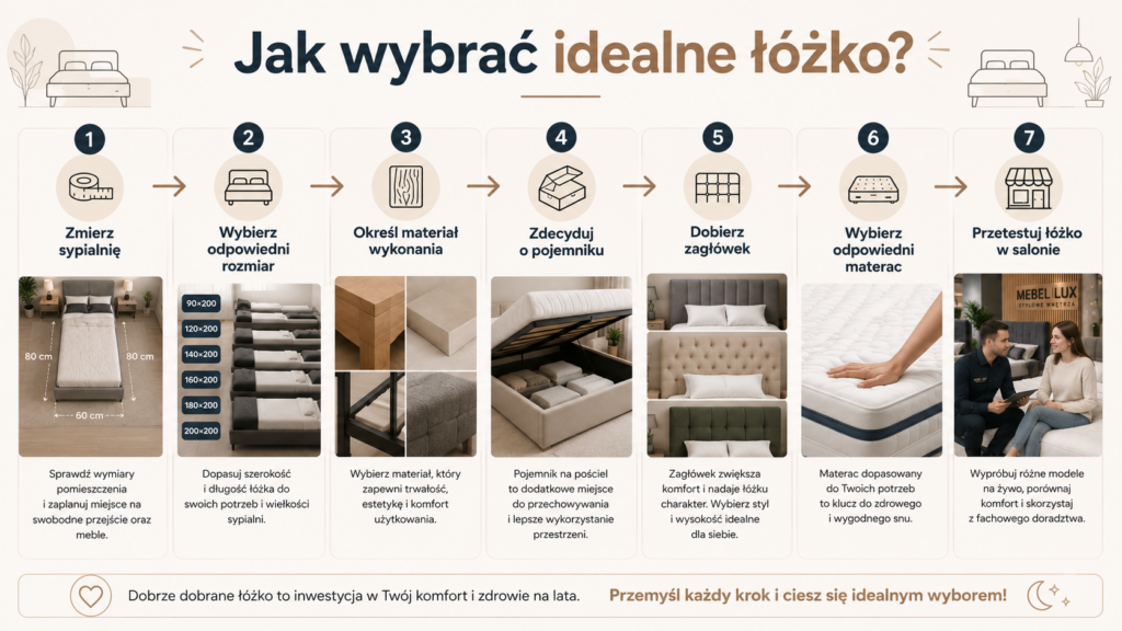 Łóżka Oświęcim – infografika porównująca materiały wykonania łóżek: drewno lite, płyta meblowa, metal oraz połączenie drewna z tapicerką.