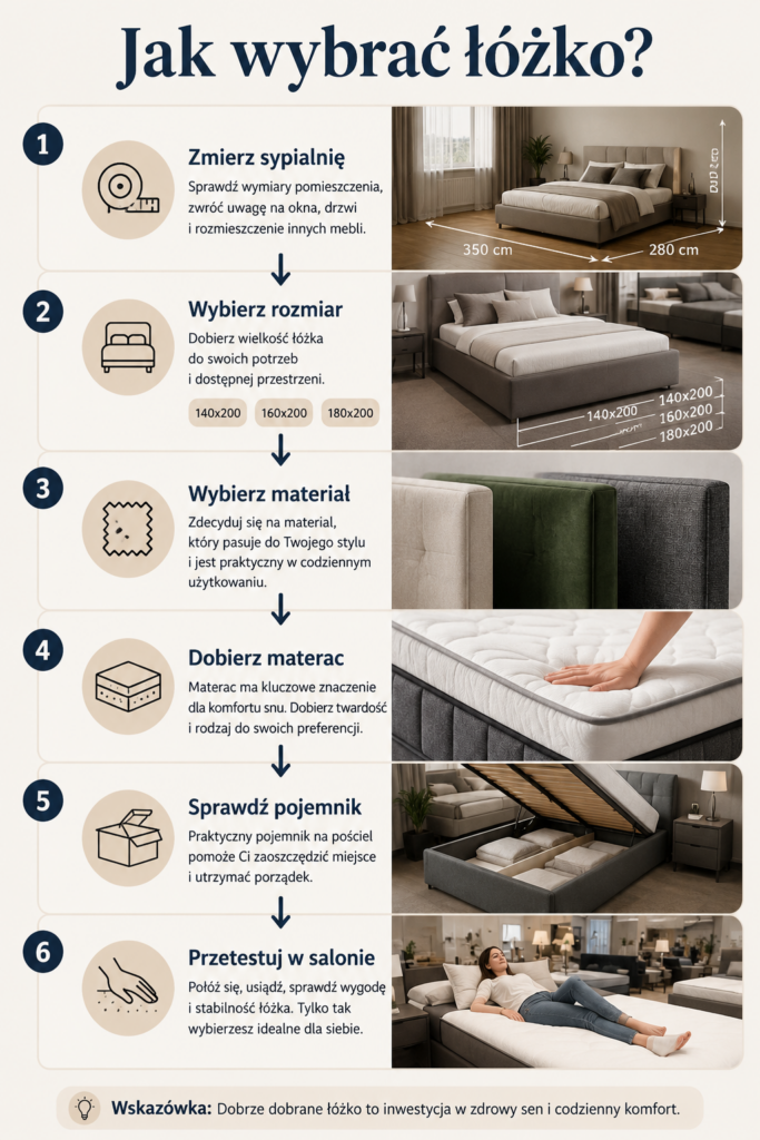Łóżka Oświęcim – infografika pokazująca, jak wybrać odpowiednie łóżko do sypialni: rozmiar, materiał, materac i pojemnik