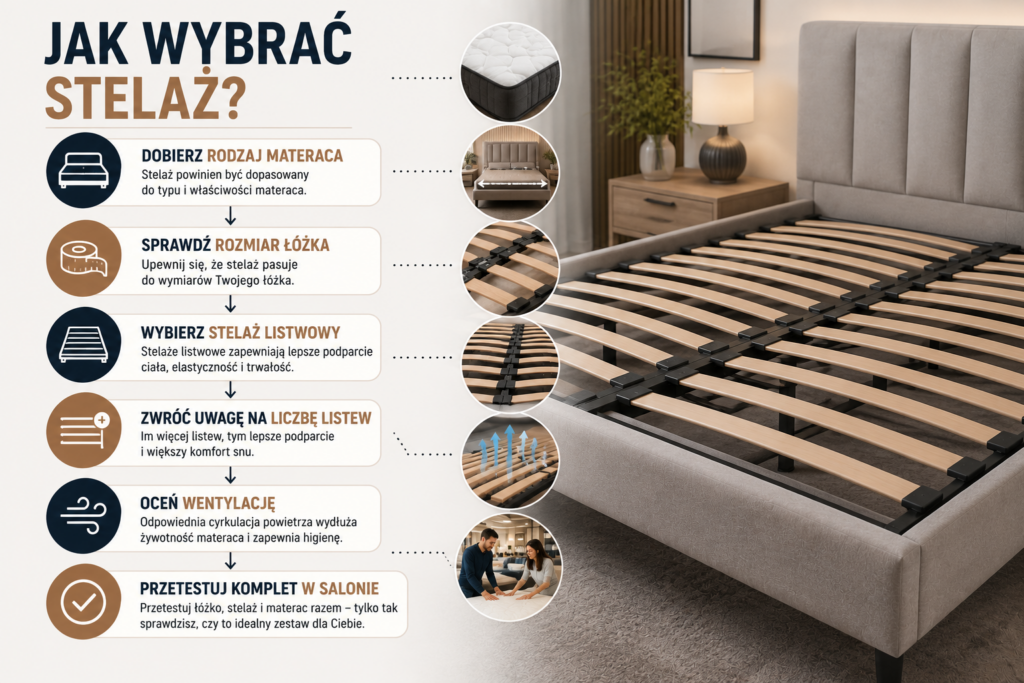 Infografika pokazująca, jak dobrać odpowiedni stelaż do łóżka i jakich błędów unikać podczas wyboru. Łóżka Oświęcim – poradnik zakupu stelaża listwowego.