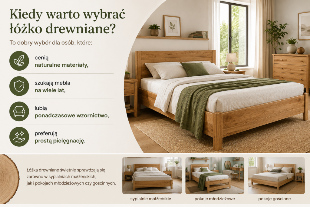 Łóżka drewniane Oświęcim – infografika pokazująca, kiedy warto wybrać łóżko drewniane do sypialni, pokoju młodzieżowego i gościnnego.