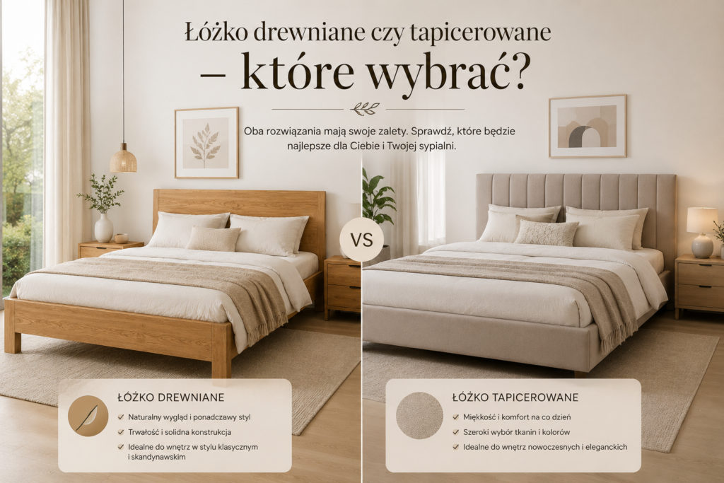 Łóżka Oświęcim – porównanie łóżka drewnianego i łóżka tapicerowanego. Infografika pokazuje różnice między naturalnym drewnem a miękkim tapicerowanym wykończeniem.