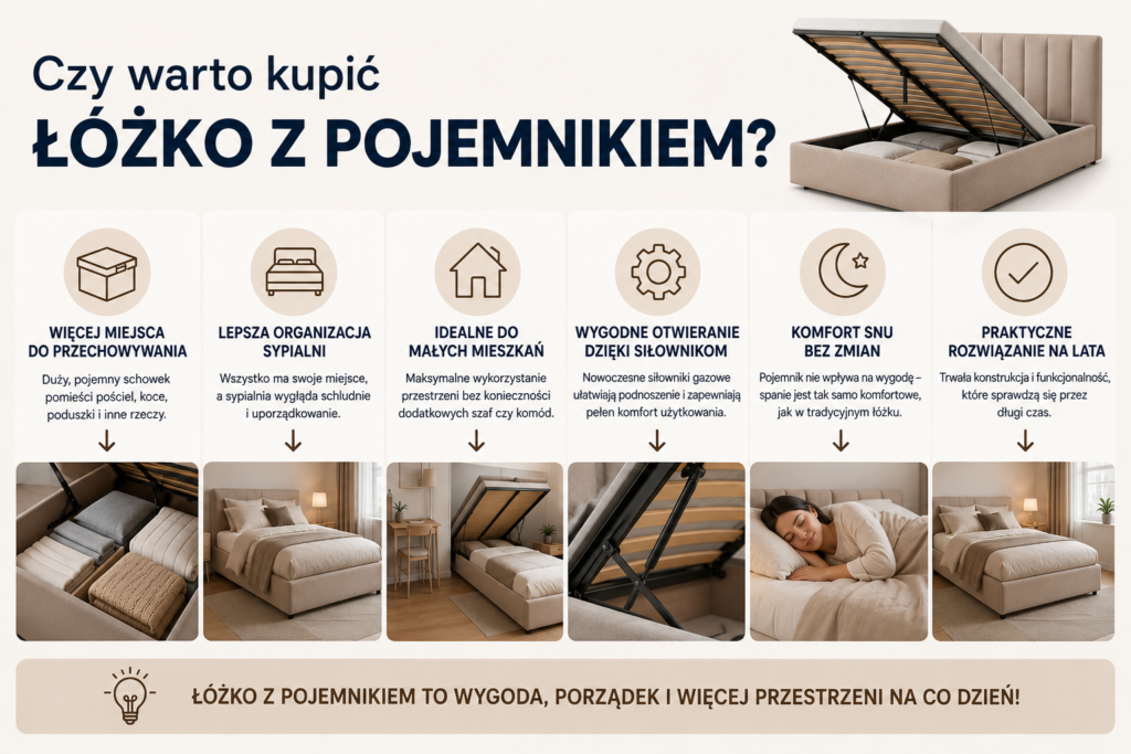 Infografika – czy warto kupić łóżko z pojemnikiem? Najważniejsze zalety łóżka z pojemnikiem Oświęcim: więcej miejsca do przechowywania, siłowniki gazowe i wygodne użytkowanie.