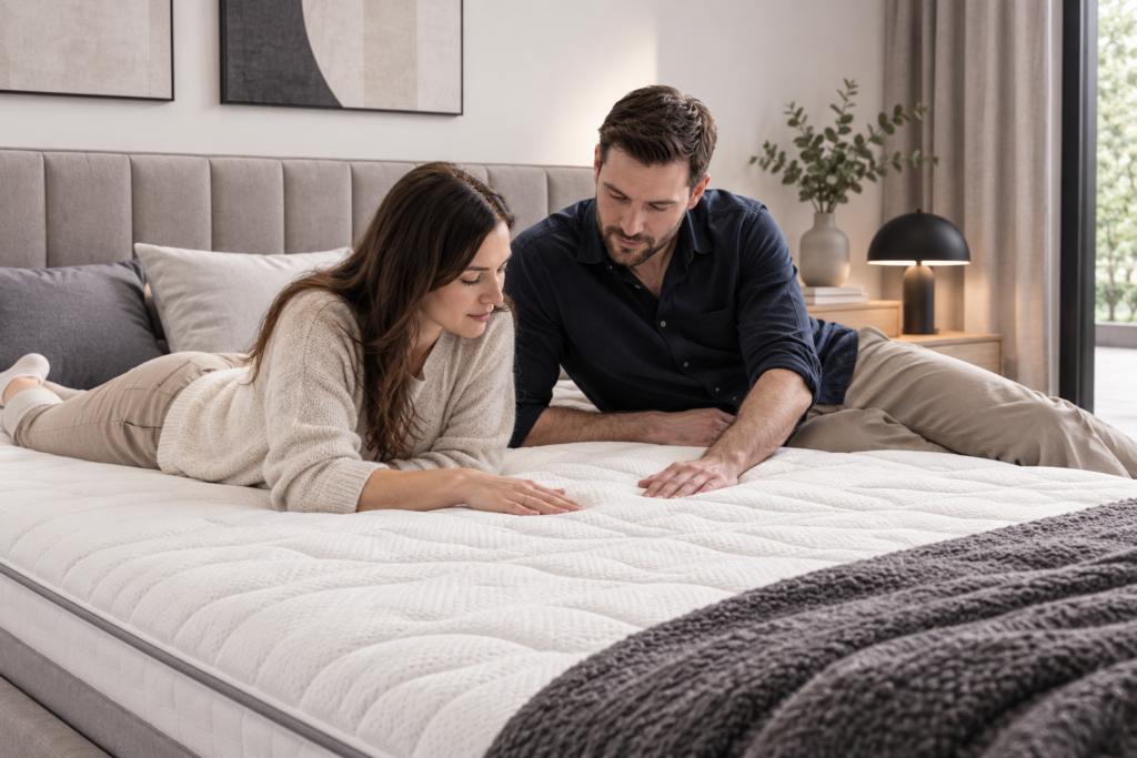 Para testuje materac dwuosobowy w salonie Mebel Lux Stylowe Wnętrza – Materace Oświęcim.