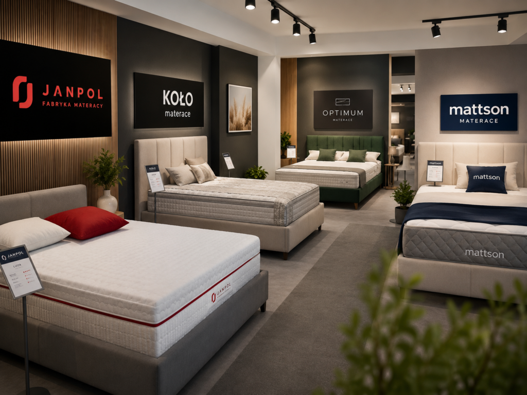 Ekspozycja materacy Janpol, Koło, Optimum i Matsen w salonie Mebel Lux Stylowe Wnętrza – materace Oświęcim.
