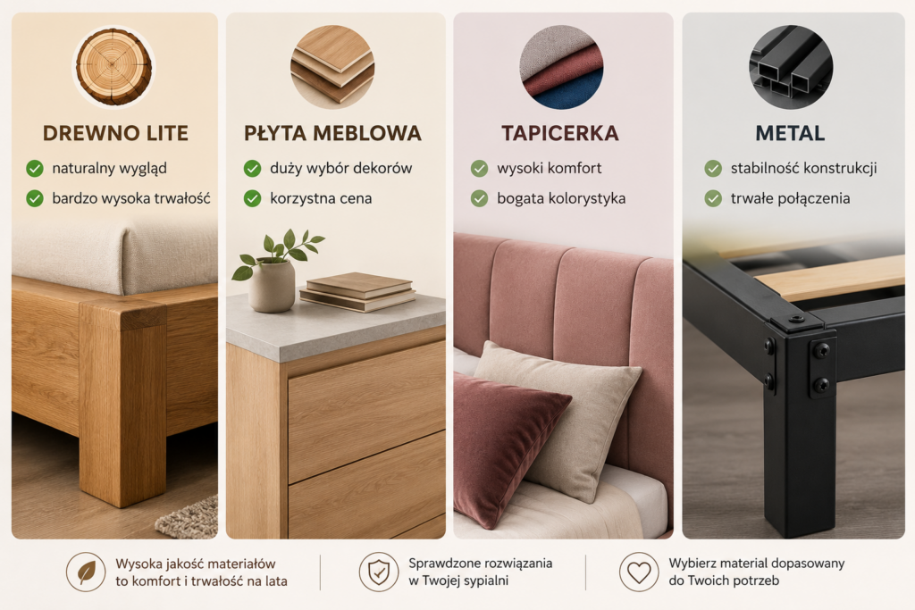 Łóżka Oświęcim – najpopularniejsze materiały wykonania łóżek: drewno lite, płyta meblowa, tapicerka i metal. Porównanie zalet materiałów wykorzystywanych do produkcji łóżek do sypialni.