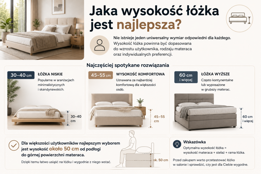 Łóżka Oświęcim – infografika przedstawiająca optymalną wysokość łóżka. Porównanie łóżek niskich (30–40 cm), komfortowych (45–55 cm) oraz wysokich (60 cm i więcej).