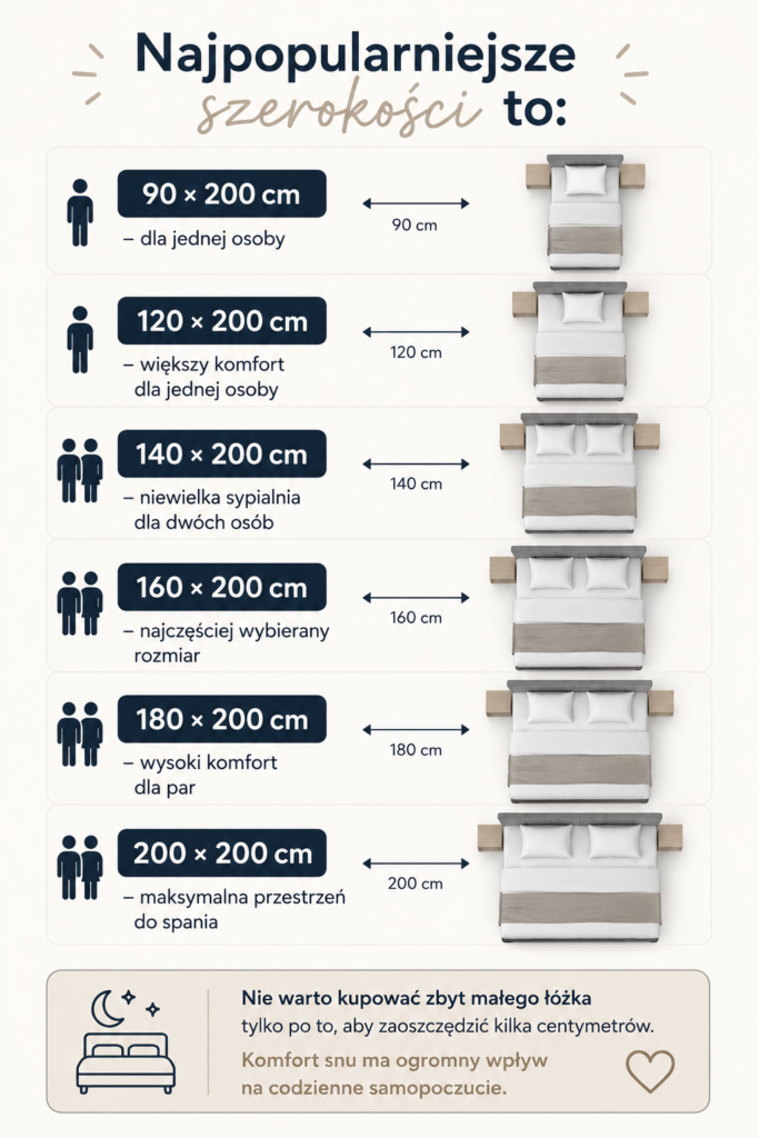Łóżka Oświęcim – infografika przedstawiająca najpopularniejsze rozmiary łóżek 90×200, 120×200, 140×200, 160×200, 180×200 i 200×200 oraz ich przeznaczenie dla jednej lub dwóch osób.