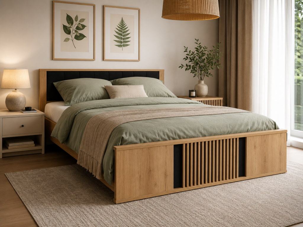 Łóżka Oświęcim – nowoczesne łóżko z płyty meblowej w eleganckiej sypialni. Trwała konstrukcja, nowoczesny design i praktyczne wykończenie.