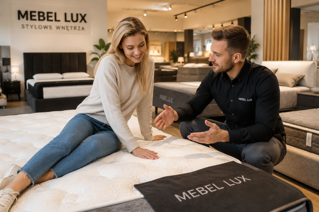 Jak często wymieniać materac? Klientka testuje nowy materac z pomocą doradcy w salonie Mebel Lux Oświęcim