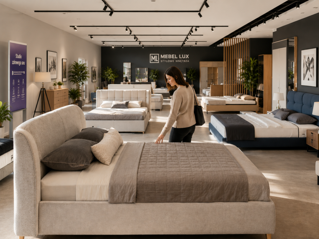Łóżka Oświęcim – nowoczesna ekspozycja łóżek tapicerowanych i kontynentalnych w salonie Mebel Lux Stylowe Wnętrza