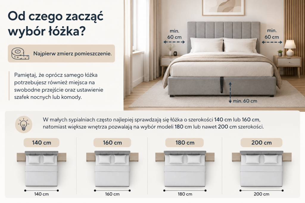Łóżka Oświęcim – infografika pokazująca, od czego zacząć wybór łóżka, jak zmierzyć sypialnię i dobrać odpowiedni rozmiar 140, 160, 180 lub 200 cm.