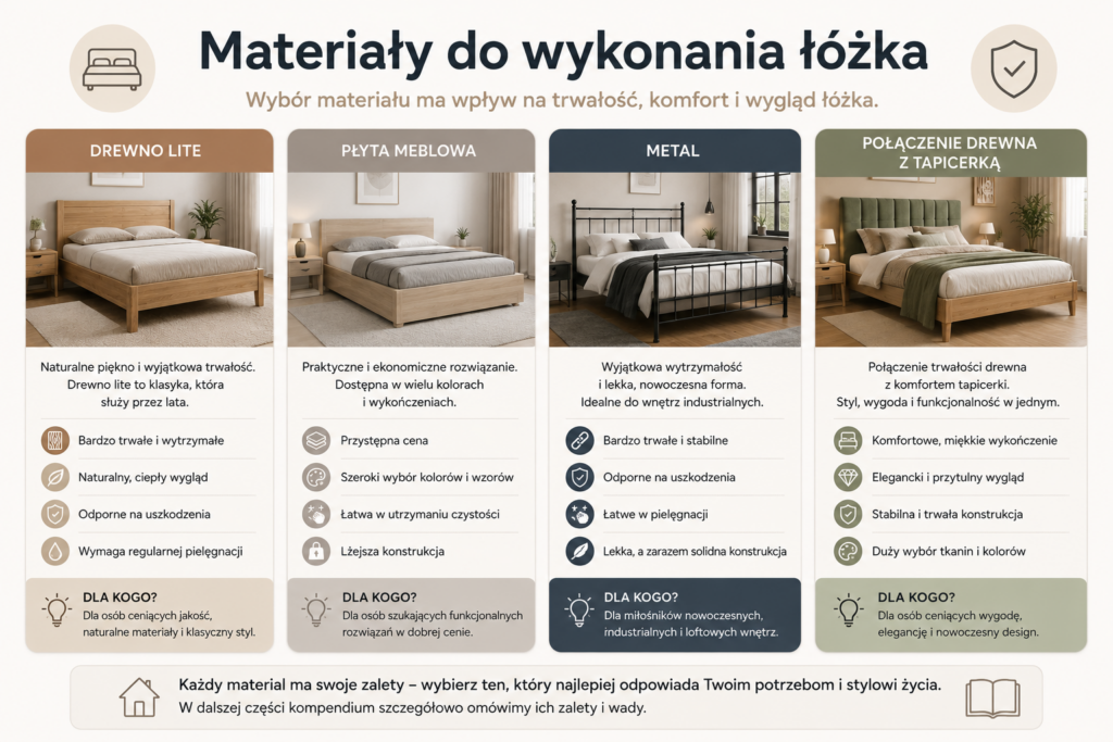 Łóżka Oświęcim – infografika porównująca materiały wykonania łóżek: drewno lite, płyta meblowa, metal oraz połączenie drewna z tapicerką.