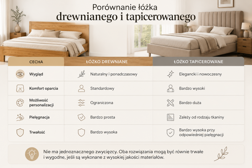 Porównanie łóżka drewnianego i tapicerowanego – Łóżka Oświęcim. Infografika przedstawiająca różnice w wyglądzie, komforcie, trwałości, pielęgnacji i możliwościach personalizacji.