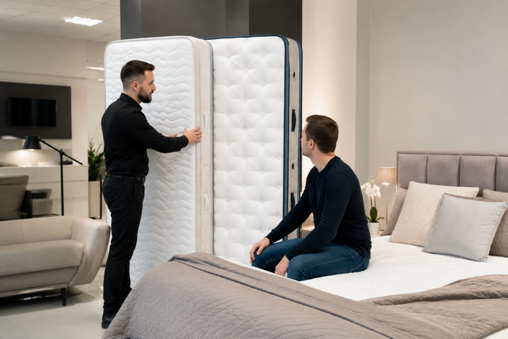 Doradca prezentuje klientowi różnice między materacami w salonie Mebel Lux Stylowe Wnętrza – Materace Oświęcim.