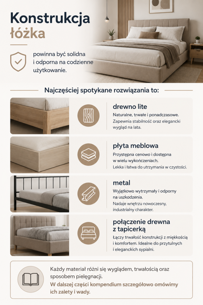 Łóżka Oświęcim – infografika przedstawiająca materiały wykonania łóżek: drewno lite, płyta meblowa, metal oraz połączenie drewna z tapicerką.