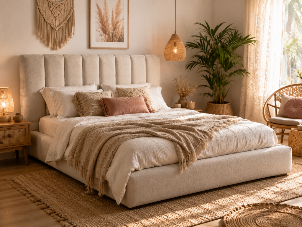 Łóżka tapicerowane Oświęcim – nowoczesne łóżko z wysokim tapicerowanym zagłówkiem w aranżacji boho. Miękkie oparcie zapewnia wygodę i elegancki wygląd sypialni.