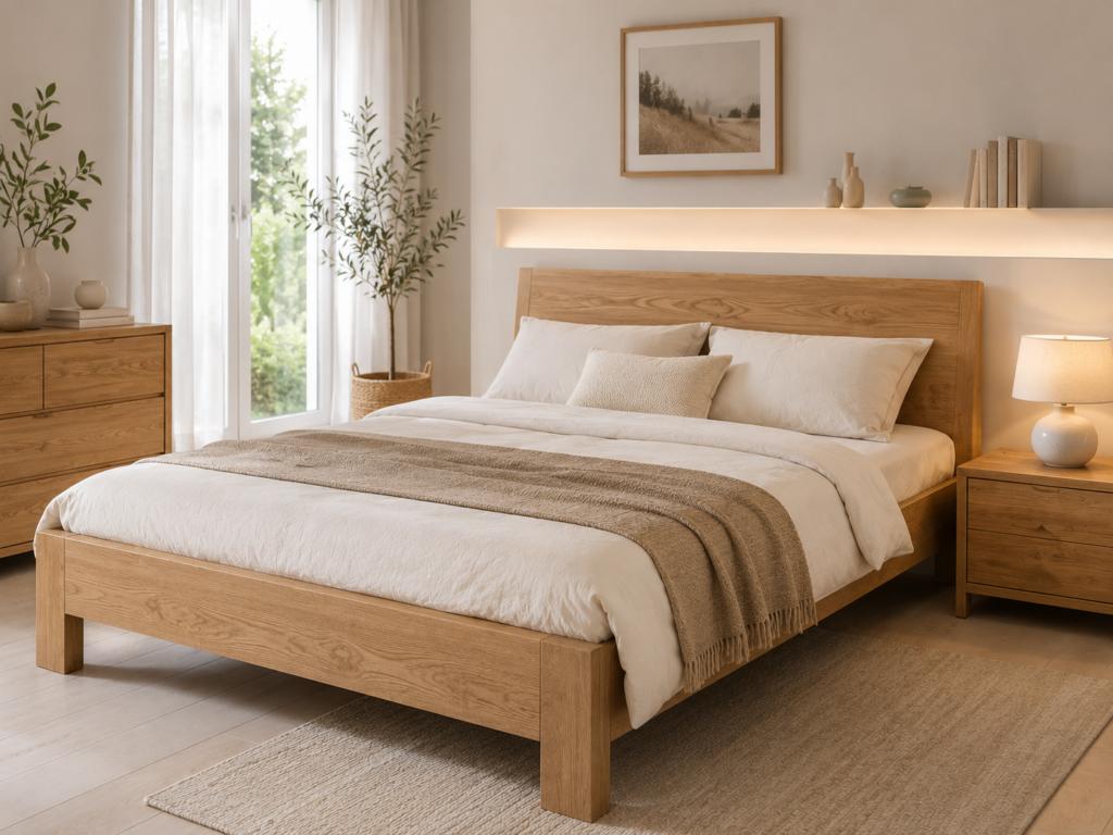 Łóżka drewniane Oświęcim – nowoczesne drewniane łóżko do sypialni z naturalnego drewna w jasnej aranżacji, łączące trwałość, ponadczasowy design i komfort użytkowania.