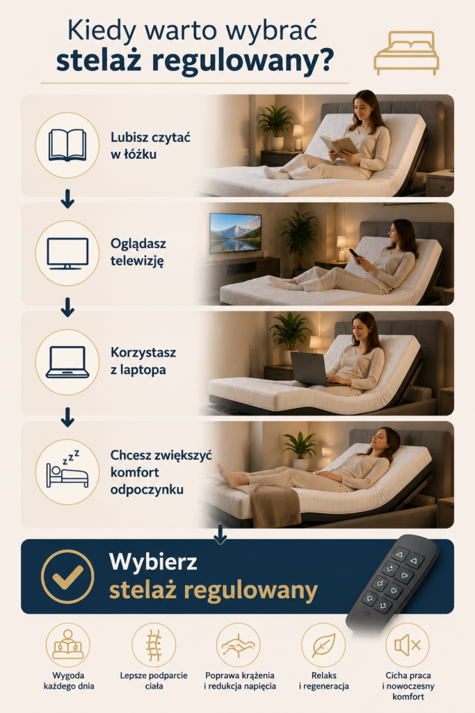 Infografika – kiedy warto wybrać stelaż regulowany do łóżka? Stelaże regulowane Oświęcim