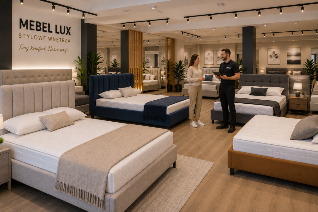 Łóżka Oświęcim – klient korzysta z fachowego doradztwa w salonie MEBEL LUX podczas wyboru łóżka do sypialni.