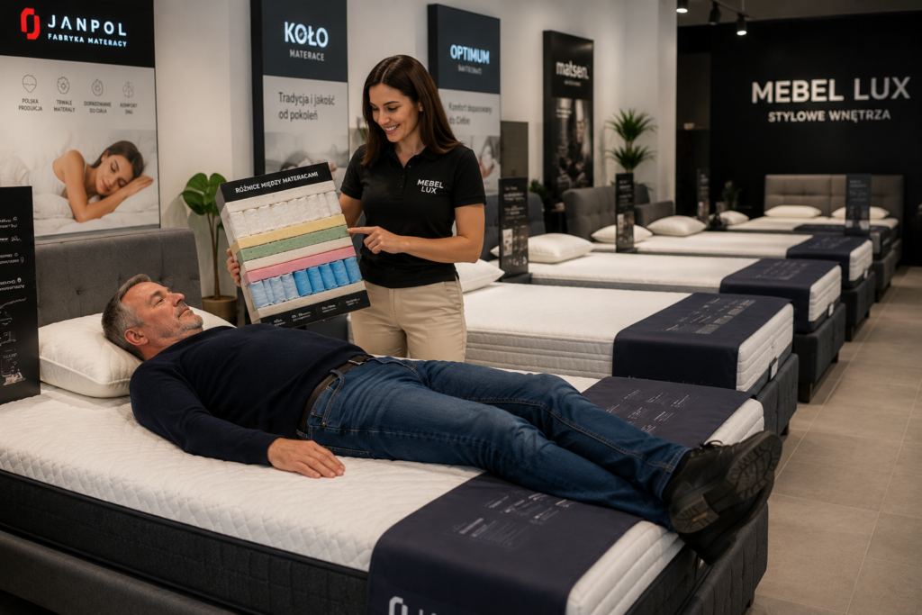 Testowanie materaca przed zakupem w salonie łóżek Oświęcim – klient sprawdza komfort materaca, a doradca wyjaśnia różnice między modelami i ich budową.