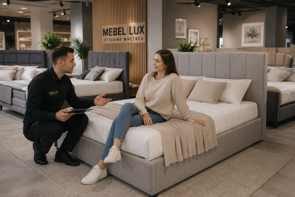 Łóżka Oświęcim – klient testuje łóżko w salonie MEBEL LUX podczas konsultacji z doradcą przed zakupem.