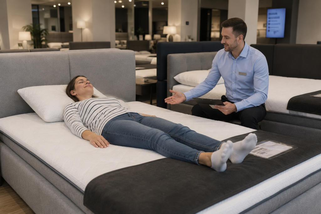 Łóżka Oświęcim – klientka testuje komfort łóżka w salonie Mebel Lux z pomocą doradcy podczas wyboru łóżka do sypialni