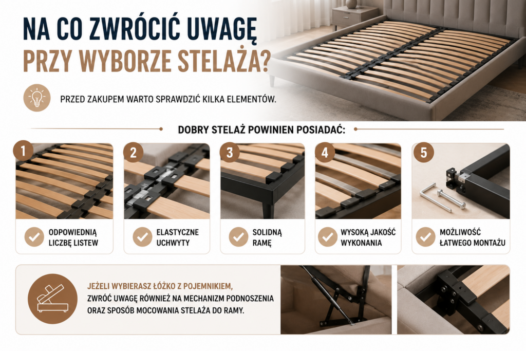 Infografika przedstawiająca najważniejsze cechy dobrego stelaża do łóżka – liczba listew, elastyczne uchwyty, solidna rama i jakość wykonania. Łóżka Oświęcim.