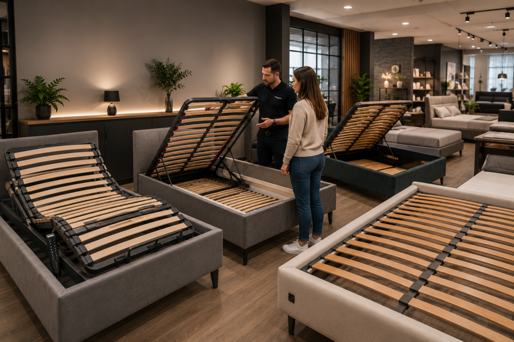 Klient ogląda stelaże do łóżek w salonie Mebel Lux Oświęcim – stelaże regulowane, listwowe i pod materac