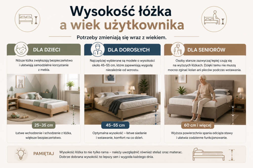 Łóżka Oświęcim – infografika pokazująca, jak dobrać wysokość łóżka do wieku użytkownika. Porównanie modeli dla dzieci, dorosłych i seniorów.