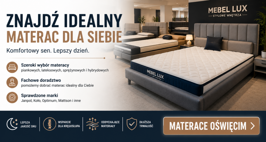 Infografika zachęcająca do doboru materaca do łóżka – szeroki wybór materacy, fachowe doradztwo i możliwość przetestowania w salonie łóżek Oświęcim.