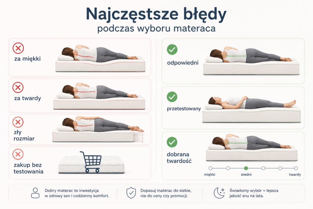 Infografika przedstawiająca najczęstsze błędy przy wyborze materaca – Materace Oświęcim