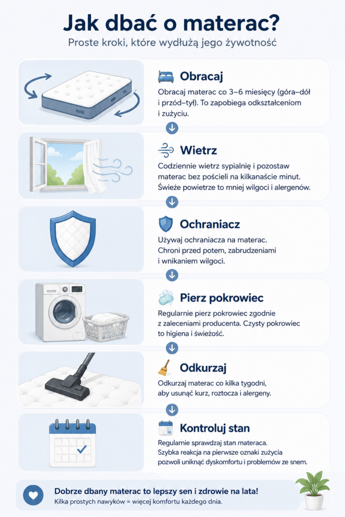 Jak często wymieniać materac? Infografika pokazująca, jak prawidłowa pielęgnacja materaca wydłuża jego żywotność – Mebel Lux Oświęcim
