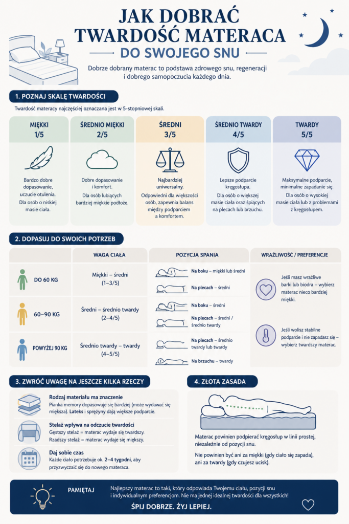 Infografika przedstawiająca, jak dobrać twardość materaca do wagi, pozycji snu i indywidualnych preferencji – poradnik Mebel Lux Oświęcim