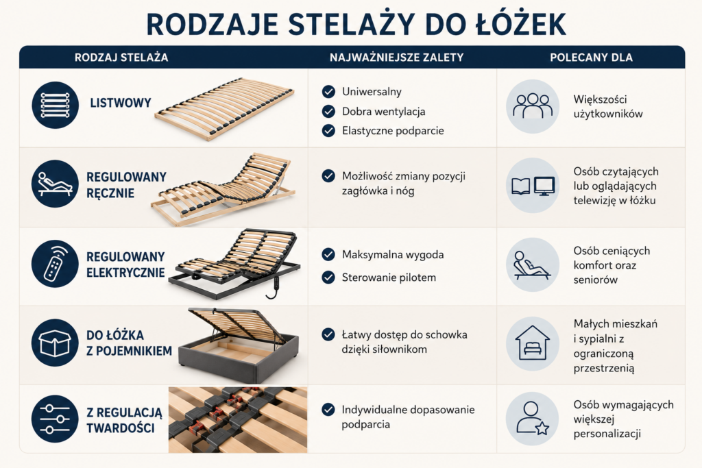 Rodzaje stelaży do łóżek – porównanie stelaży listwowych, regulowanych i do łóżek z pojemnikiem | Stelaże Oświęcim