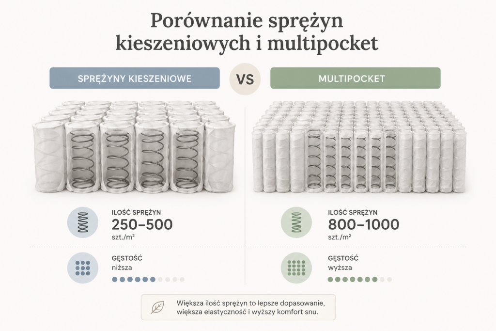 Infografika porównująca sprężyny kieszeniowe Pocket i Multipocket – Materace Oświęcim